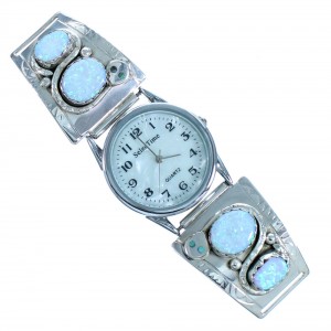 Turquoise Opal Snake Sterling Silver Effie Calavaza Zuni Watch RX117289