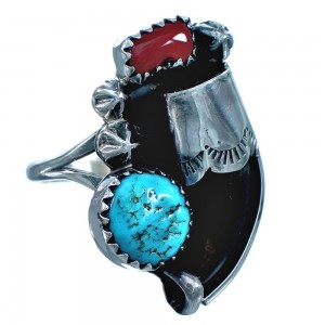 Turquoise Coral Genuine Sterling Silver Badger Claw American Indian Ring Size 7-3/4 RX117533