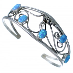 Navajo Sterling Silver Blue Opal Flower Leaf Cuff Bracelet RX117419
