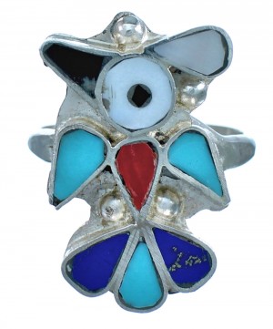 Zuni Indian Multicolor Thunderbird Genuine Sterling Silver Ring Size 7-1/2 RX117593
