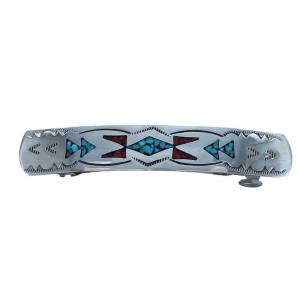 American Indian Authentic Sterling Silver Turquoise And Coral Inlay Hair Barrette BX118659