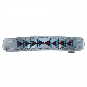 Authentic Sterling Silver Navajo Turquoise And Coral Inlay Hair Barrette BX118660