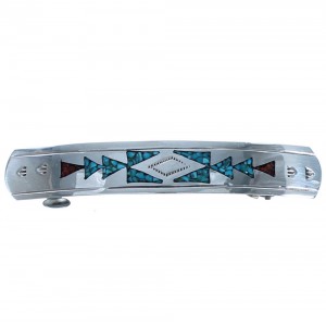 Genuine Sterling Silver Turquoise And Coral Inlay Native American Hair Barrette BX118677