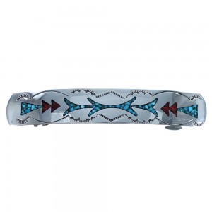 Genuine Sterling Silver Turquoise And Coral Inlay American Indian Hair Barrette BX118678