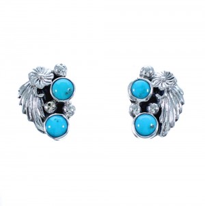 Flower and Scalloped Leaf Turquoise Sterling Silver Navajo Post Earrings CB118636