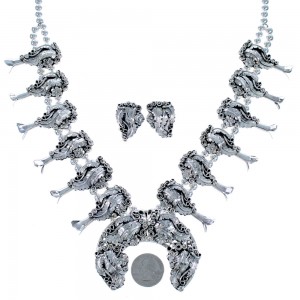 Sterling Silver Flower and Scalloped Leaf Navajo Squash Blossom Necklace Set CB118520