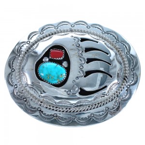 Bear Paw Turquoise And Coral Genuine Sterling Silver Navajo Belt Buckle CB118552
