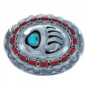 Bear Paw Coral and Turquoise Genuine Sterling Silver Navajo Belt Buckle CB118555
