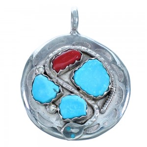 Zuni Winding Snake Coral and Turquoise Sterling Silver Effie Calavaza Pendant CB118437