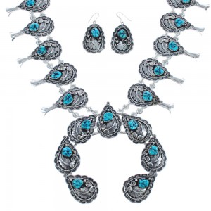American Indian Genuine Sterling Silver Leaf Turquoise Squash Blossom Necklace Set RX119044