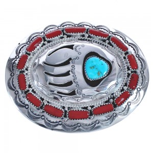 Bear Paw Coral Turquoise Sterling Silver Navajo Belt Buckle RX119329