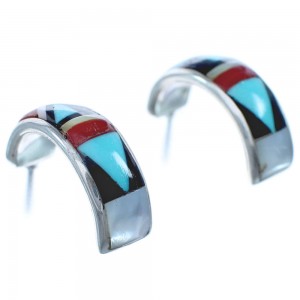 Zuni Indian Multicolor Inlay Genuine Sterling Silver Post Hoop Earrings BX119635