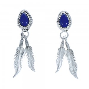 Feather Sterling Silver Navajo Lapis Post Dangle Earrings BX119603