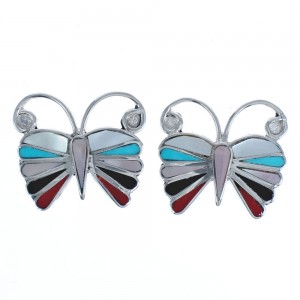 Sterling Silver Multicolor Inlay Zuni Butterfly Earrings BX119609