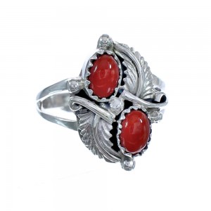 Coral Sterling Silver Native American Leaf Ring Size 6-3/4 BX119357