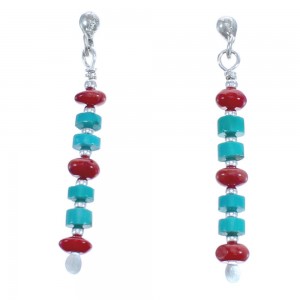 Sterling Silver Turquoise And Coral Bead Post Dangle Earrings BX119728