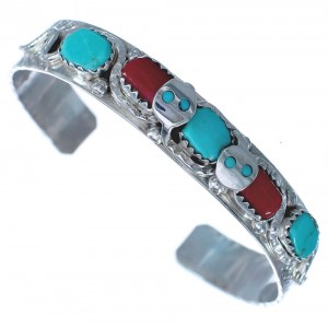 Sterling Silver Turquoise Coral Effie Calavaza Zuni Snake Cuff Bracelet BX120201
