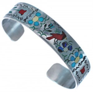 Authentic Sterling Silver Multicolor Inlay Zuni Cuff Cardinal Bracelet BX120205