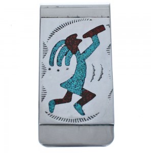 Sterling Silver Native American Turquoise Coral Inlay Kokopelli Money Clip BX120238