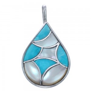Zuni Turquoise Mother Of Pearl Genuine Sterling Silver Tear Drop Pendant BX120407