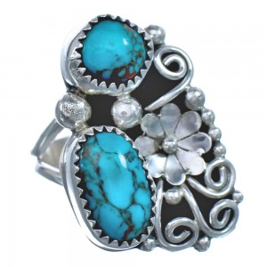 Sterling Silver Turquoise Flower Navajo Ring Size 8-1/2 BX120093