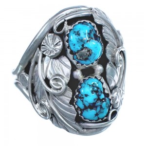 Native American Turquoise And Sterling Silver Leaf Design Ring Size 10-1/4 BX120109