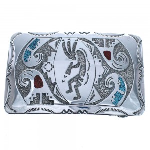Navajo Genuine Sterling Silver Turquoise And Coral Kokopelli Belt Buckle BX120299