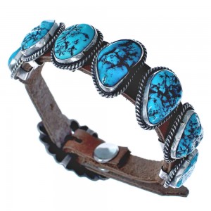 Native American Sterling Silver Turquoise Leather Adjustable Bracelet BX120327