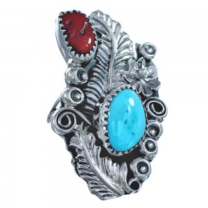Flower Turquoise Coral Authentic Sterling Silver Native American Ring Size 8-1/2 BX120032