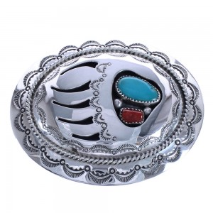 Navajo Bear Paw Turquoise Coral Sterling Silver Belt Buckle BX120363