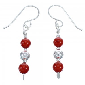 Coral And Sterling Silver Bead Hook Dangle Earrings MX121554