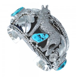 Sterling Silver Turquoise Wolf Navajo Cuff Bracelet AX121359
