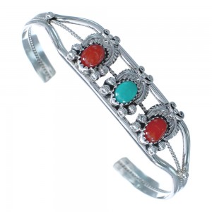 Sterling Silver Turquoise And Coral American Indian Cuff Bracelet AX121357