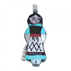 Zuni Storyteller Woman Multicolor Sterling Silver Pendant AX121455