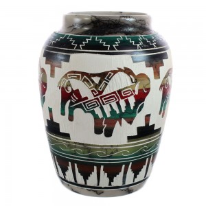 Native American Navajo Buffalo Hand Crafted Pottery By Artist Carol Johnson AX121796