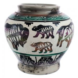 Native American Navajo Bear And Buffalo Hand Crafted Pottery By Artist Carol Johnson AX121794
