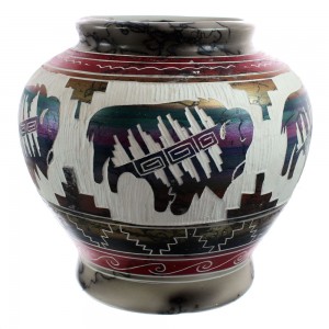 Native American Navajo Buffalo Hand Crafted Pottery By Artist Carol Johnson AX121797