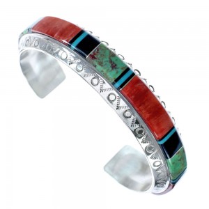 Native American Sterling Silver Turquoise Oyster Shell and Onyx Inlay Cuff Bracelet JX121789