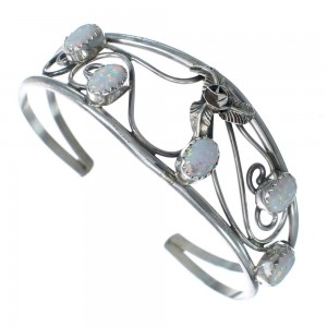 Navajo Authentic Sterling Silver Opal Flower And Leaf Cuff Bracelet JX121781