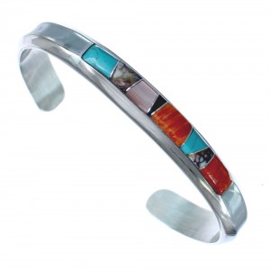 Navajo Indian Sterling Silver Multicolor Inlay Cuff Bracelet AX121866