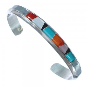 Navajo Indian Sterling Silver Multicolor Inlay Cuff Bracelet AX121868