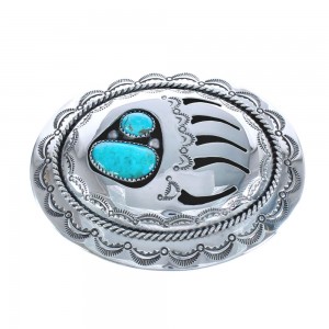 Native American Genuine Sterling Silver Turquoise Bear Paw Belt Buckle JX121933