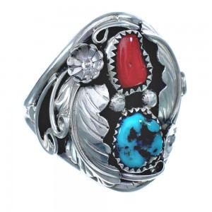 Authentic Sterling Silver Navajo Turquoise Coral Leaf Design Ring Size 9-3/4 AX122074