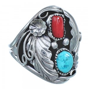Authentic Sterling Silver Navajo Turquoise Coral Leaf Design Ring Size 11-3/4 AX122096