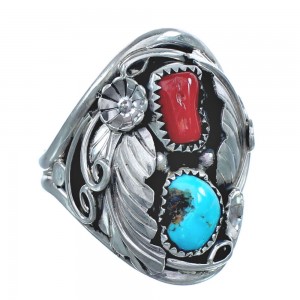 Authentic Sterling Silver Navajo Turquoise Coral Leaf Design Ring Size 11-1/2 AX122097