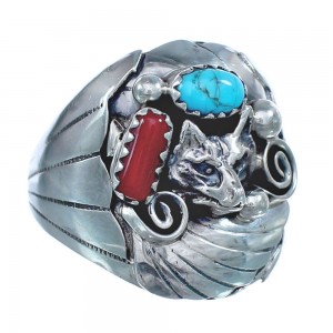 Navajo Sterling Silver Wolf Turqouise Coral Ring Size 10-1/4 AX122007