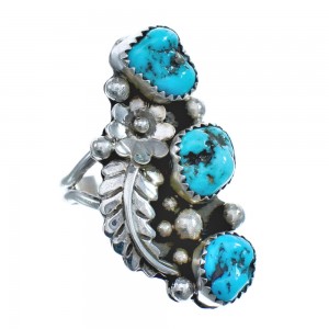 Native American Sterling Silver Turquoise Flower and Leaf Ring Size 9-1/4 JX122114