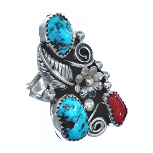 Native American Turquoise Coral Sterling Silver Ring Size 8-1/4 JX122126