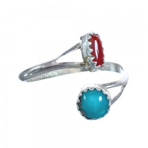 Navajo Turquoise Coral Genuine Sterling Silver Adjustable Ring Size 7, 8, 9 JX122557