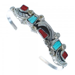 Native American Navajo Leaf Coral And Turquoise Cuff Bracelet JX122244